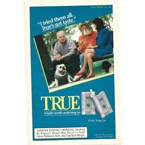True Cigarette AD Bulldog People on Park Bench 1980s Vintage Print Ad
